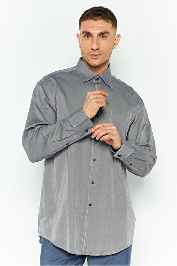 Greg Norman Men Regular Fit Spread Collar Long Sleeve Stripe Shirt, Grey