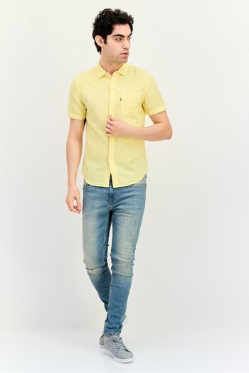 Levi's Men Slim Fit Brand Logo Short Sleeve Casual Shirts, Yellow