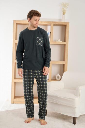 Pijamaevi Anthracite Black Plaid Patterned Elegant Men's Pajama Set
