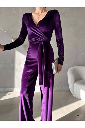 Modafeminen Stretchy Velvet Fabric Double Breasted Neckline Belted Long Evening Dress Jumpsuit 58618 Purple