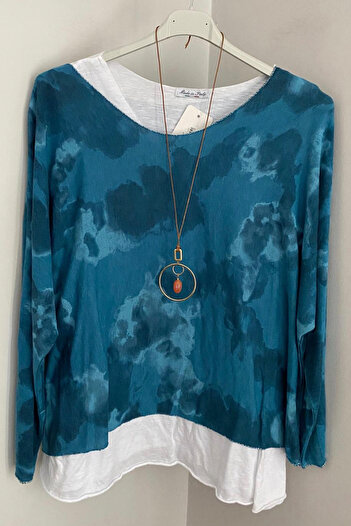 AYASOFYA OTANTIK Women's Italian Blue Tie-Dye Patterned Cotton Combed Sleeveless Inner Long Sleeve Knitwear Blouse 2-Piece Set