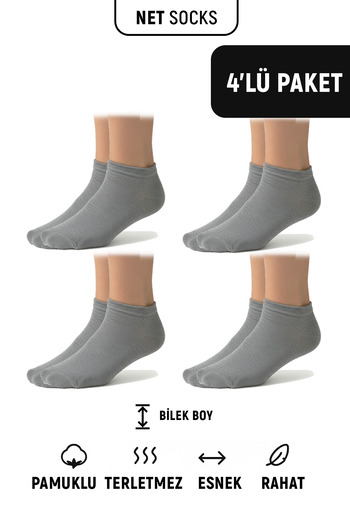 Net Tekstil 4 Pairs of Gray Cotton Booties Comfortable Daily Socks Unisex