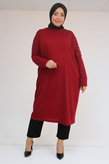 Eslina 58152 Plus Size Low Shoulder Stone Detailed Mir Tunic - Burgundy