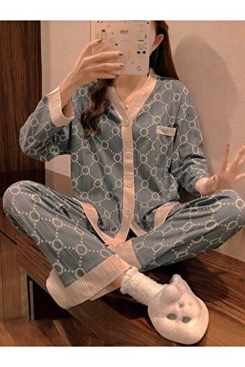 AURASTİL Women's Long Sleeve Buttoned Camisole Pajama Set Must