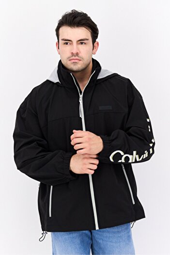 Calvin Klein Men Brand Logo Hooded Jacket, Black/White