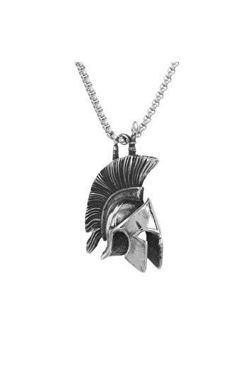 Tessero Cubic design necklace with Spartan helmet pendant, stainless steel, silver-plated, silver