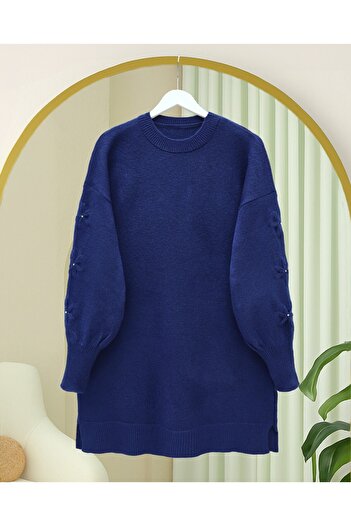 Modamorfo Round Neck Soft Knit Sweater with Handle Flower Detail - Navy