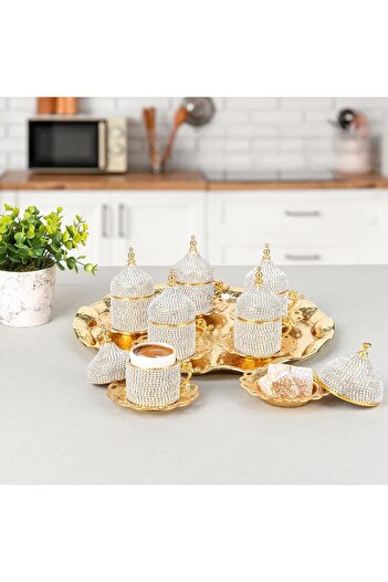 E orient Coffee Presentation Set Coffee Cup Set for 6 People Turkish Coffee Arabian Cup with Gold Crystal Stone