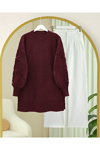 Modamorfo Round Neck Soft Knit Sweater with Handle Flower Detail - Burgundy