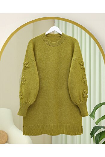 Modamorfo Round Neck Soft Knit Sweater with Handle Flower Detail - Oil Green