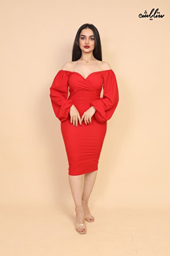 Stylish Elegant red off-shoulder dress with long, wide sleeves and a soft, feminine touch.