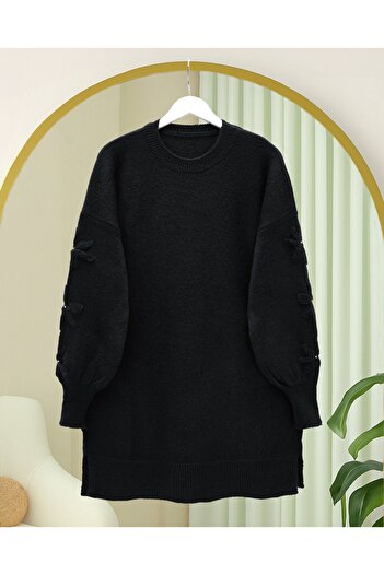Modamorfo Round Neck Soft Knit Sweater with Handle Flower Detail - Black