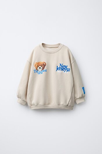 Magu Boys' Cotton Beige Bear Team Sweatshirt and Striped Sweatpants Set