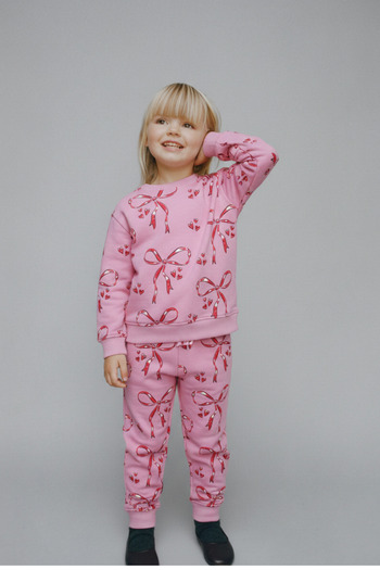 Magu Girl's Cotton Pink Ribbon Patterned Tracksuit Set - Heart Patterned Sweatshirt and Bottoms