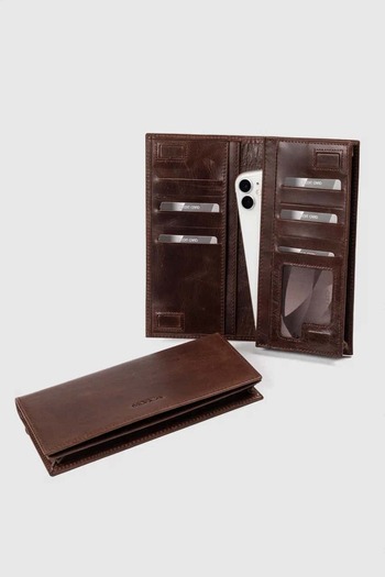 MORCA Genuine Leather Wallet with Phone Compartment, Magnetic Closure and Hand Strap, Unisex Crazy Brown
