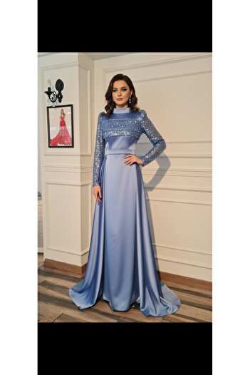 makbuleofficial Indigo Blue Satin Fabric, Promise Engagement Dress with Attached Skirt, Hijab Evening Dress
