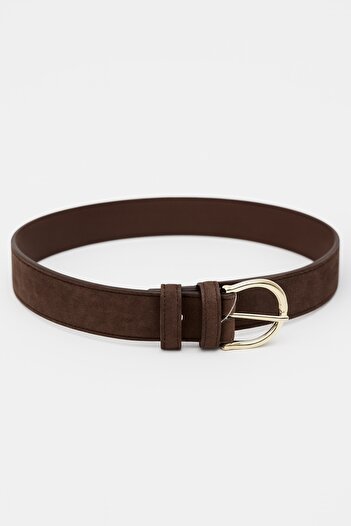 Çantacımstore Women's Suede Belt with Gold Buckle Brown