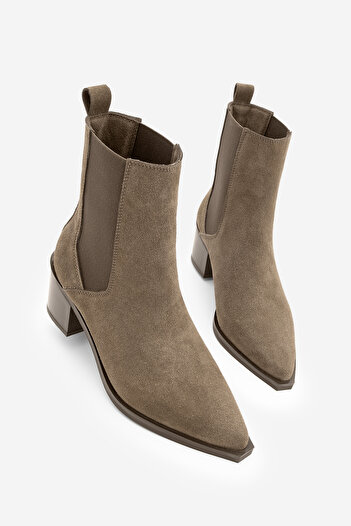 Marjin Women's Pointed Toe Thick Heeled Double Elastic Heeled Boots Ropes Brown Suede