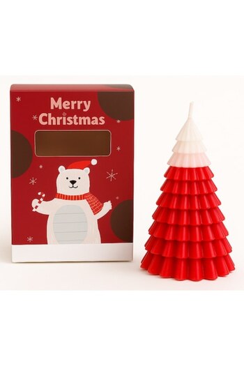 OEM Scented Christmas Candle, Christmas Tree Shape, Handmade, Gift Box Included, 10.5 x 6.5 cm, White/Re