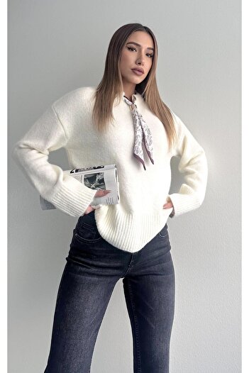 fujya Soft Textured Knit Sweater with Scarf Collar