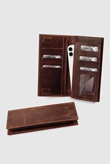 MORCA Genuine Leather Wallet with Phone Compartment, Magnetic Closure and Hand Strap, Unisex Hazelnut