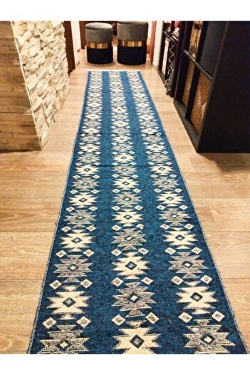 OEM Traditional woven rug, double-sided, size 60x300 cm blue and cream, rustic model