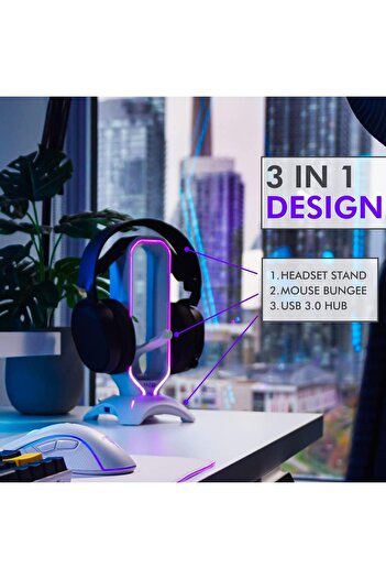mazn Gaming Headset Stand with RGB Lighting Tilted Nation 3-in-1 Design, Mouse Bungee and Dual USB 3.0 Hu