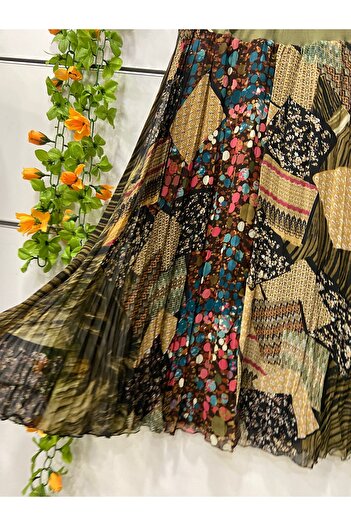 edu collection Patterned Midi Length Chiffon Bell Skirt Length 85 cm
