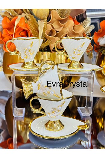 EVRA 6 Kişilik Yaldızlı İnci Taşlı Gold Fincan Takımı