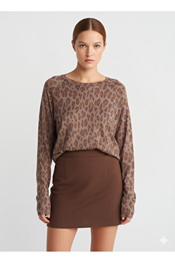 Dilvin Crew Neck Leopard Printed Knitwear Sweater-Mink (Mink)
