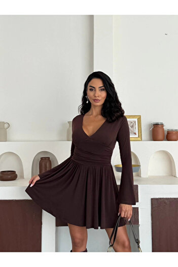 Asfa Moda Women's Brown V-Neck Long Sleeve Dress with Shorts