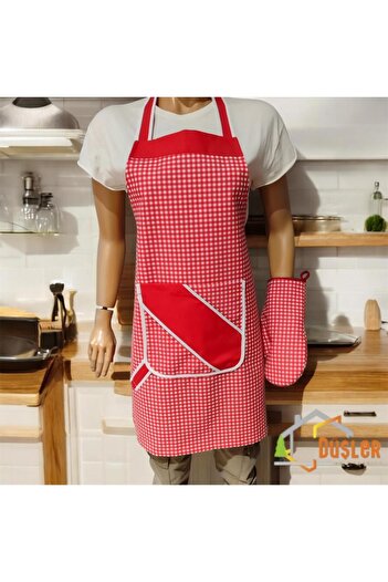 DÜŞLER EV TEKSTİLİ Pötikare Red Adjustable Pocketed Water and Stain Repellent Kitchen Apron and Oven Mitt Set