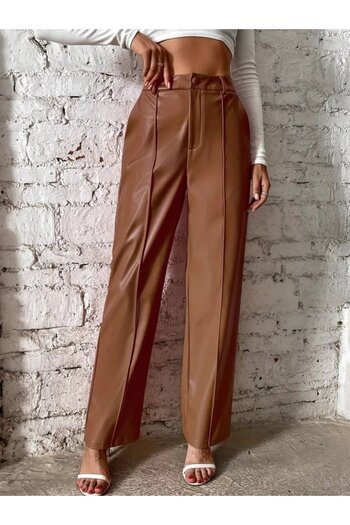 REKA MODA Women's Wide Cut Lame Leather Trousers with Front Zipper Pockets