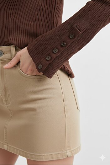 Dilvin Polo Neck Buttoned Ribbed Knit Sweater-Brown