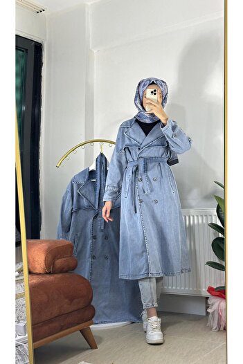Magazin Altı düğmeli kot trenç