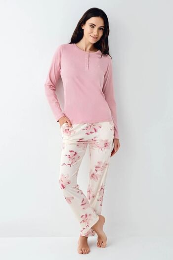 Pierre Cardin 9055 Women's Dusty Rose Long Sleeve Half Placket Pajama Set