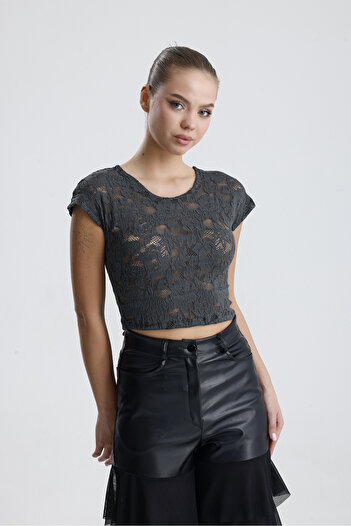 Sense Lace Transparent Short Sleeve Blouse |   Bust35379 Gray