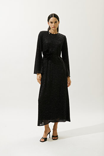 Manuka Shiny Long Sleeve Evening Dress Black