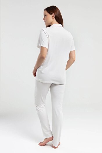 Pierre Cardin 7715 Women's Cream Short Sleeve Button Front Piping Shirt Pajama Set