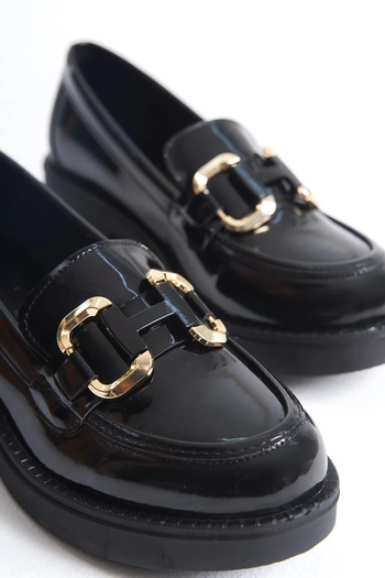 TB Terzi Bey Caro Patent Leather Black Gold Buckle Women's Loafer