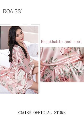 ROAISS 5 PCS Pajama Sets for Women Sweet Floral Printing Lace Edge Homewear Ladies Nightwear Silky Clothes