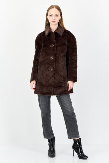 Guess Women Fux Fur Sherpa Jacket, Dark Brown