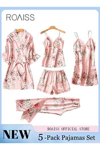 ROAISS 5 PCS Pajama Sets for Women Sweet Floral Printing Lace Edge Homewear Ladies Nightwear Silky Clothes