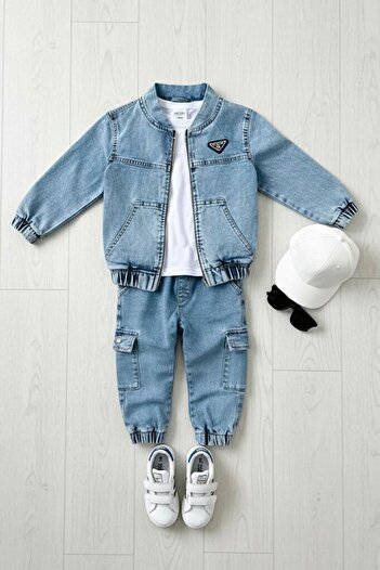Minigimin Cicileri My Little One's Cicileri Denim Jacket with Cargo Pockets, Boys' 3-Piece Set - Blue