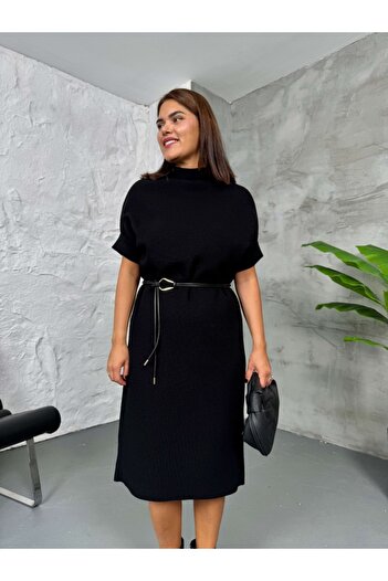 Elif Özbey Butik Siyah Yarasa Kol Kemerli Triko Elbise