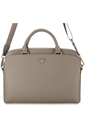 Guess Laptop Bag 15 inch, Grained Triangle Logo, -leather, Adjustable Strap, Beige