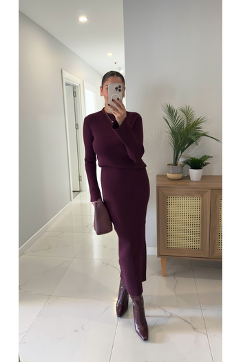 BİRCANÇİL Alveris Plum Ribbed Knitwear Skirt Set