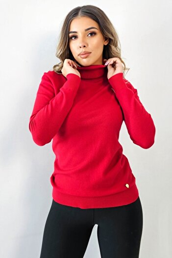 FashionForYou PATY Roll neck blouse, with long sleeves and ribbed cuffs, Red, Size S/M