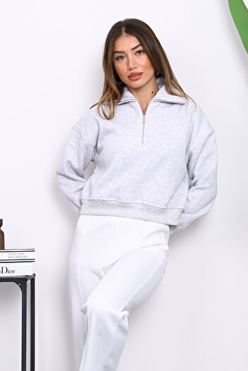 İmajButik Gray Front Zipper Three-Thread Crop Sweat