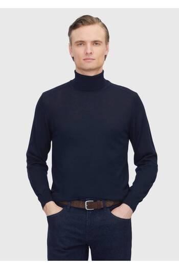 Ramsey Navy Blue Full Turtleneck Plain Knit Wool Blended Sweater Sweater
